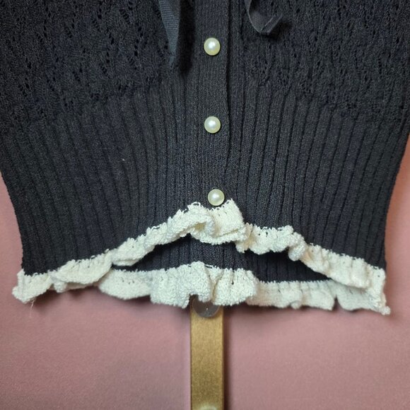 Zara Pointelle Mixed Ruffled Knit Cardigan Black/Cream L - Picture 4 of 11